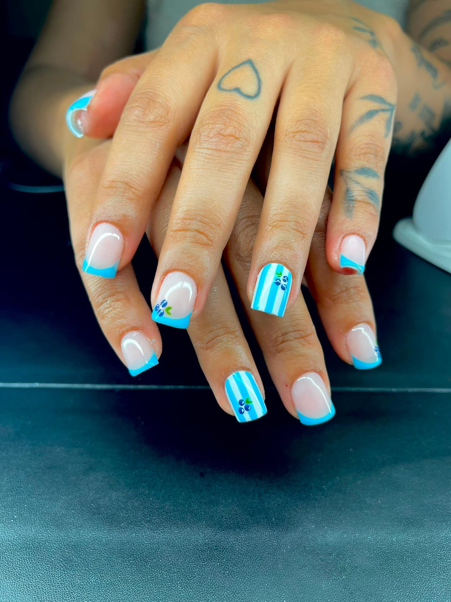 French bleu ciel à rayures avec myrtilles peintes
